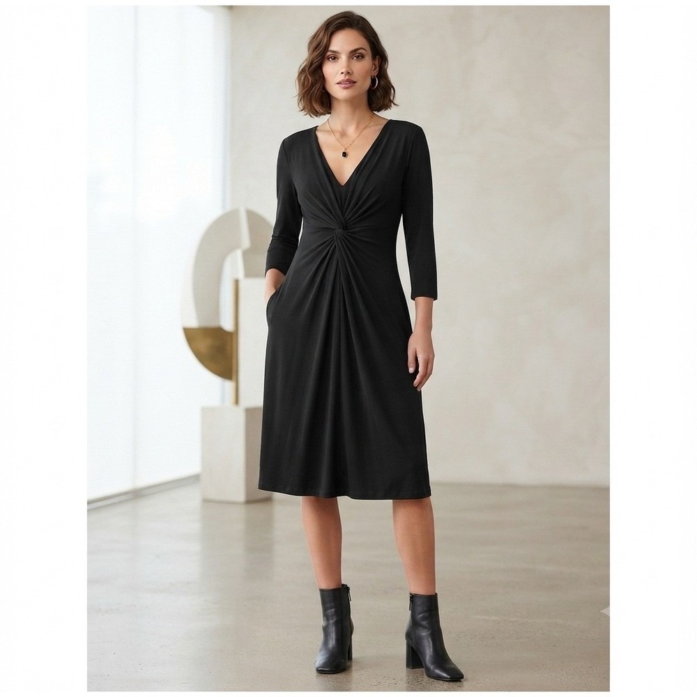 Wyeth Black Twist Front V Neck 3/4 Sleeve Midi Dress Womens Size S